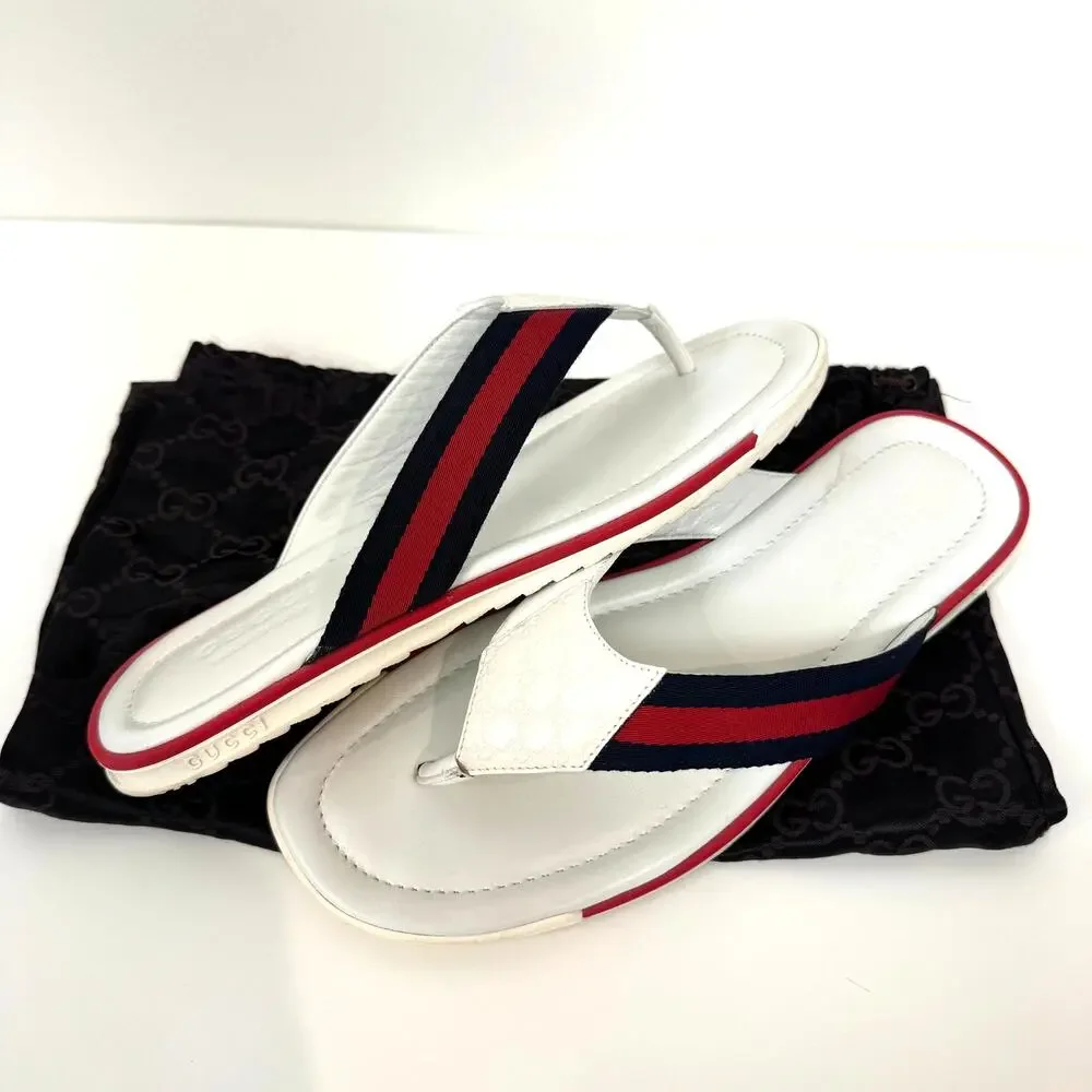 GUCCI Guccissima Beach Web White Leather Thong Flip Flop Sandal 10 Red Shoes